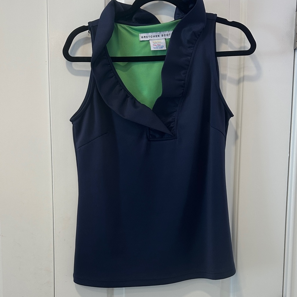 Gretchen Scott Designs Navy and Green Ruffle Collar Blouse